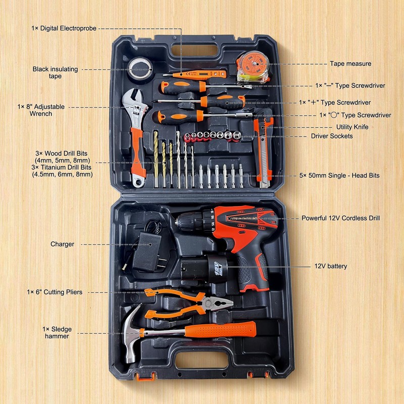 33 Picce Orange Tool Kit with 12V Cordless Drill, Tool