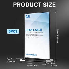 A5 Table Stand, A5: Pack of 6 Price Tags, Table Stand, A5 Acrylic Stand, Table Stand, T-Shape Portrait Format, Flyer Stand, Clear for Cafés, Restaurant, Menu, Poster, Photos