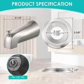 Universal Bathroom Tub Spout with Metal Tub Spout Cover Ring, 5 1/4 Inches Reach Wall Front Mount Faucet with Shower Diverter 1/2 IPS Inside Thread(Brushed Nickel)
