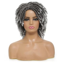 Gray Short Dreadlock Wig for Women and Men, Synthetic Afro Twist Braided Wigs Faux Locs Hair Full Machine Made Glueless Curly Wigs Ombre Grey Color