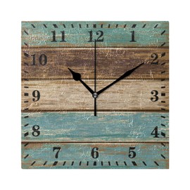 Wall Clock Teal Green Brown Retro Rustic Wood Texture Decorative Hanging Clock Silent Non Ticking Square Clock for Living Room Kitchen Bedroom