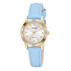 TASGO Women's Leather Quartz Watch Easy Read Watch with Diamond Luminous Waterproof Fashion Wristwatch for Women Ladies Girls (Gold Blue)