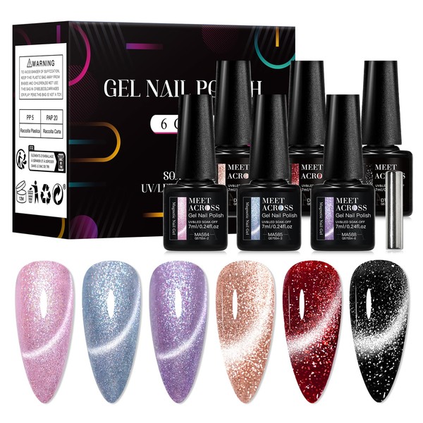 MEET ACROSS Gel Nail Polish Set, 6 Colors Cat Eye
