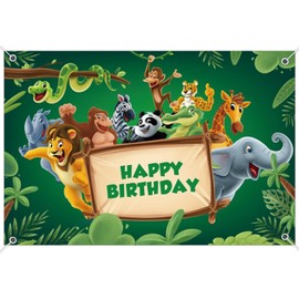 DASHAN Birthday Decorations Backdrop Jungle Animal Photography Backdrops Background Happy Birthday Banner 71x43in Vinyl Fabric Kids Forest Birthday Party Decoration Supplies for Boys and Girls