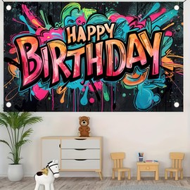Graffiti Happy Birthday Banner Birthday Party Splatter Graffiti Birthday Decoration Backdrop Photo Booth Photography Background Background Decor for Kids Boy Girls Supplies