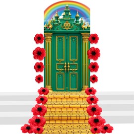 Panelee Green Castle Cover Door Banner Yellow Brick Floor Runner with Crepe Paper Red Poppy Flower Decor Backdrop Witch Princess Party Supplies Halloween Trunk Treat Decorations