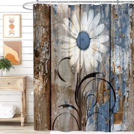 Rustic Daisy Shower Curtains,Farmhouse Floral Blue Brown Shower Curtain Set for Bathroom Old Garage Door Wooden Western Country Farm Bath Decor with Hook 72x72 Inches