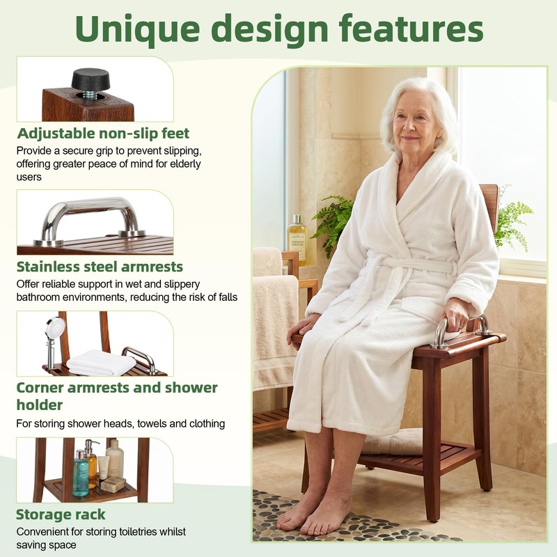 Shower Stool with Shelf and Handrails, Solid Water-Resistant Teak Shower