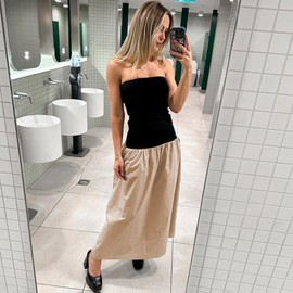 YOXUA Women's Summer Strapless Sleeveless Patchwork A-Line Tube Long Maxi Dress Off Shoulder Beach Maxi Dress Khaki