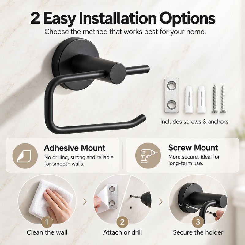 Matte Black Wall-Mounted Toilet Paper Holder – Metal Bathroom Roll