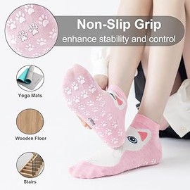 Pilates Grip Socks Cute Women Cat Grippy Socks for Yoga Barre and Hospital House Slippers