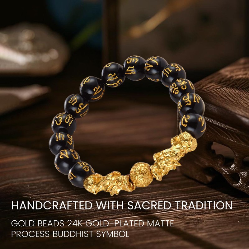KINLNGEE Dual 24K Gold-Plated Pixiu Black Obsidian Feng Shui Bracelet,10mm