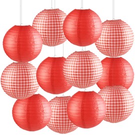 12 Pieces Picnic Party Decorations Include 6 Chinese Red Paper Lanterns & 6 Checkered Paper Lanterns Round with Hanging Hook for Picnic Ceiling Decor Carnival I Do BBQ Party Favor, 12 inches