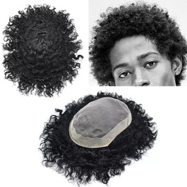 HAIR WONDERS Afro Mens Toupee - Durable Fine Mono Base Curly African Wavy Hair Pieces for Black Men, Mono Lace PU around European Remy Human Hair Easy To Wear Hair Replacement Weave Unit for African American Men (12mm- 8x11, 1B# OFF BLACK-100% light to m