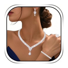 Jaciya Crystal Jewelry Set for Women - Sparkling Silver Necklace Earrings Ring Bracelet Bridal Prom Wedding Party