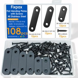 Fixpax 108PCS Flat Mending Plates for Wood Metal Brace Brackets Stainless Steel Straight Wood Bracket with Screw Holes 1.4"/1.8"/2.2" inch(Black)