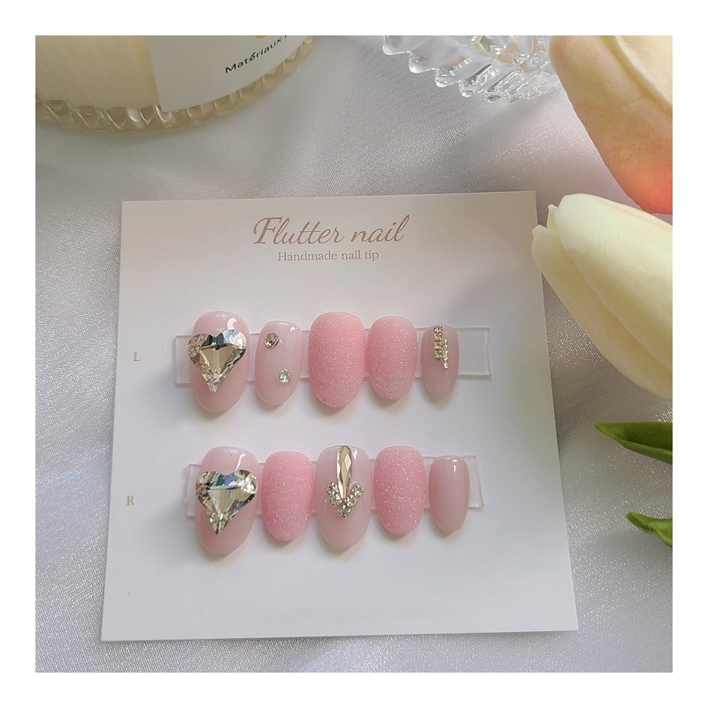 Pink Sprinkle Point Heart Stone Handmade Nail Tip - Short