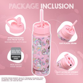 FAHRMOSIS 18 OZ Kids Water Bottle with Straw & 2 Lids (Flip & Spout) Leak Proof Metal Insulated Stainless Steel Reusable Tumbler for School & Sports Water Bottle - Pink (Princess)