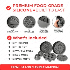 EM Set of 5 Silicone Air Fryer Liners with Egg Bite Mold, Waffle Mold & Mitts - 7.5” Round Reusable Silicone Inserts for 3-5 Qt Airfryers - Easy to Clean & Heat-Resistant Air Fryer Accessories Set