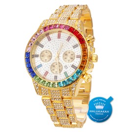 Halukakah Gold Watch Diamonds Multicoloured, Men's 18K Real Gold/Rose Gold/Platinum Plated White Gold 40 mm Wide White Dial Quartz with Cuban Chain Necklace Bracelet, Free Gift Box, gold clock,