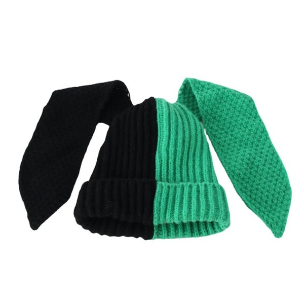 Color Block Knit Beanie Hats Cute Bunny Long Ears Grunge