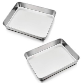 P&P CHEF 9.3 Inch Stainless Steel Sheet Cake Pan, Rectangular Baking Pan for Lasagna Brownie Meats, Cookie Tray Fits in Toaster Oven, Easy Clean & Heavy Duty (2Pcs)