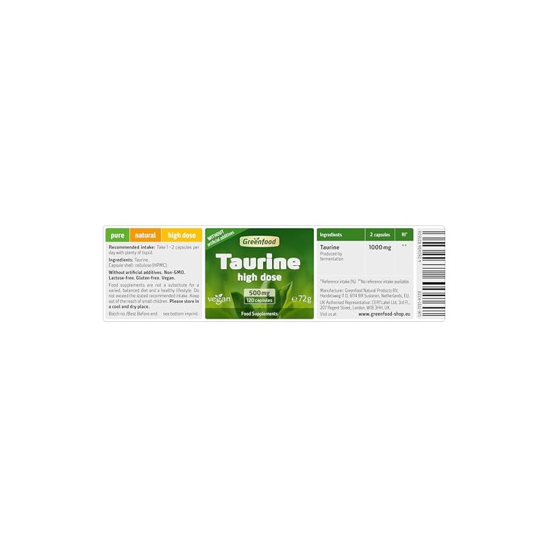 Greenfood Taurin, 500 mg, Highly dosed, 120 Capsules - Natural,