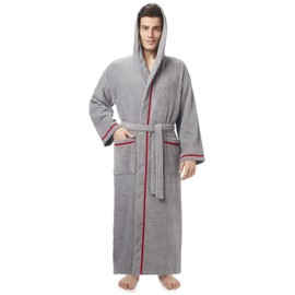 Arus Men's Hooded Classic Bathrobe Turkish Cotton Robe with Full Length Options, Gray With Red Border, XX-Large Extra Tall