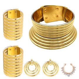 Beupy Juego de 6 piezas de accesorios de disfraz tribal nacional africano dorado, collar de cuello largo, pulsera de metal, gótico, nariz gruesa, aro de cadena, aretes de remolino, conjunto de joyería africana para mujer