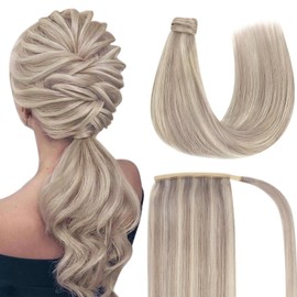 Ve Sunny Ponytail Hair Extensions Long Ponytail Extension Human Hair Honey Blonde Highlights Bleach Blonde Real Hair Ponytail Extension Blonde Ponytail Extension Real Human Hair 22inch 80g
