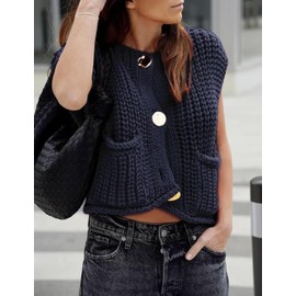 Women's Chunky Knit Vest Button Down Casual Sleeveless Cropped Crochet Sweater Cardigan with Pockets(016-Navy-XS)