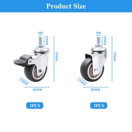 Swivel Castors for Furniture, M8 Furniture Castors, Small, 2 Wheels with Brakes and 2 Without Brakes, 360° Rotatable, Non-Slip Rubber Castors for Indoor Outdoor Furniture (1.5 Inches)
