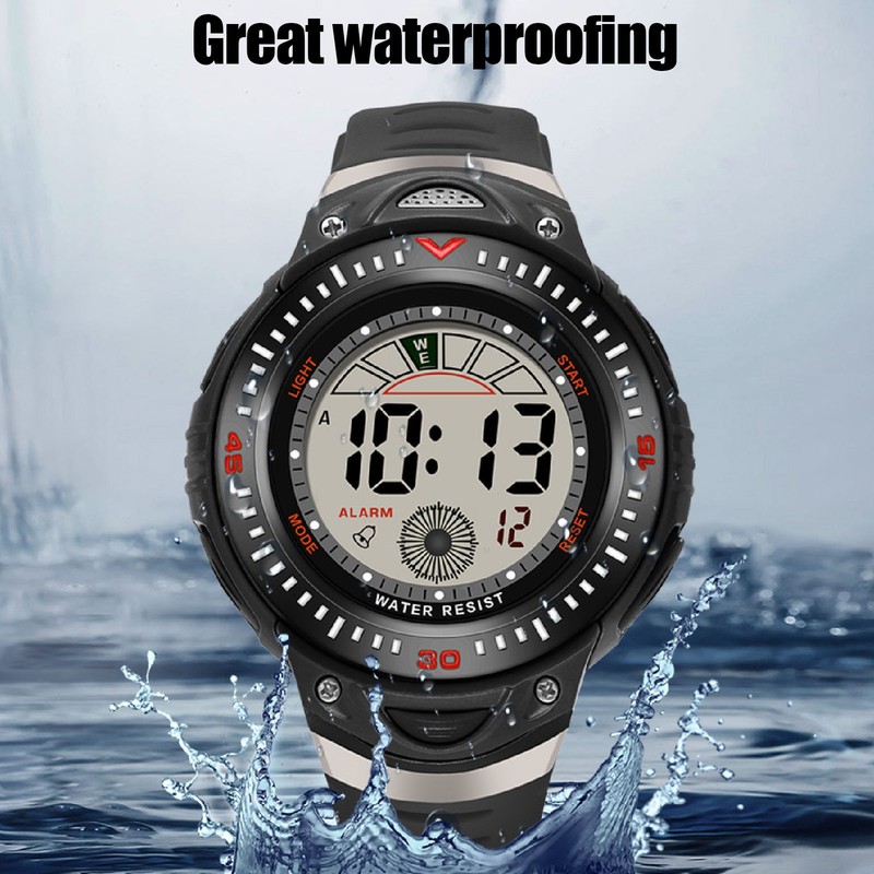 Black Men Digital Watch Waterproof LED Backlight Stopwatch Countdown 12/24