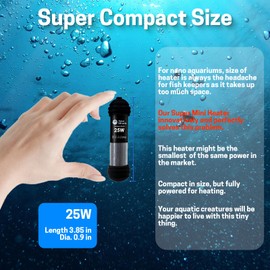 AquaMiracle Upgraded 25W Small Aquarium Heater Fish Tank Heater Turtle Heater Super Mini Aquarium Heater, Dry-Run/Overheating Protection and Memory Function, Dual LED Display, for 3-5 Gal Tanks