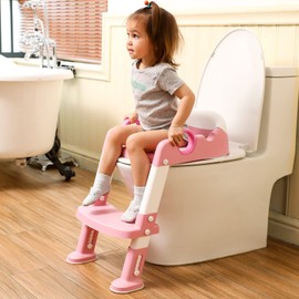 Potty Training Toilet Seat with Step Stool Ladder for Boys and Girls Baby Toddler Kid Children Toilet Training Seat Chair with Handles Padded Seat Non-Slip Wide Step(Pink)