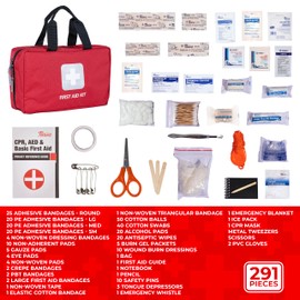 Thrive Home Essentials First Aid Kit (291 Pieces) - First Aid Bag with Multi-Sized Bandage, Gauze, Wipes, Scissors, Gloves, Tape, Ice Pack and More