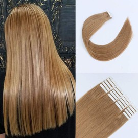 Sixstarhair Strawberry Blonde Tape in Hair Extensions Natural Remy Human Hair Extensions Double Side Tape Attached Invisible Hair Extensions [Color 27 Strawberry Blonde 18inch]