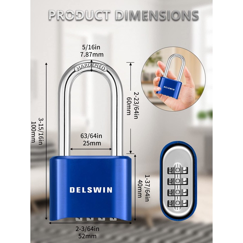 DELSWIN Heavy Duty Padlock Combination Lock - 4 Digit Combo