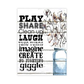 Play Share Laugh Imagine Create Rustic Canvas Print Picture Mason Jar Floral Table Decor Housewarming Gift for Bedroom Porch 12x16 Inch