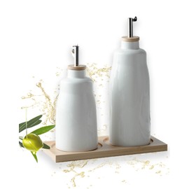 Ceramic Olive Oil Bottle Dispenser for Kitchen, Olive Oil Dispenser Bottles with Bamboo Tray,Vinegar Dispenser Bottle, Porcelain Oil Container, for Cooking, Vinegar, Salt, Wine, Sugar Pack of 2