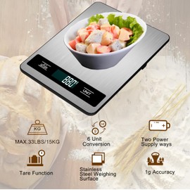 VITSOL Digital Kitchen Scale, 33lb/15kg High Capacity Weight Grams and Ounces for Baking Cooking and Meal Prep, 1g/0.05oz Precise, 6 Units with Tare Function, USB Rechargeable (B Style)