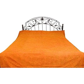 Exotic India Stonewashed Bedspread with Ari Embroidery in Golden Thread - Pure Cotton - Color Mandarin Orange Color
