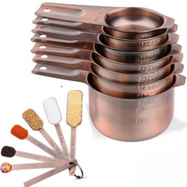 zoyizi Copper Measuring Cups and Spoons Set 14, Stainless Steel Measuring Cups and Spoons set for Kitchen & Baking, 7 US & Metric Measure Cups & 6 Long Handle Spice Measuring spoons & 1 leveler