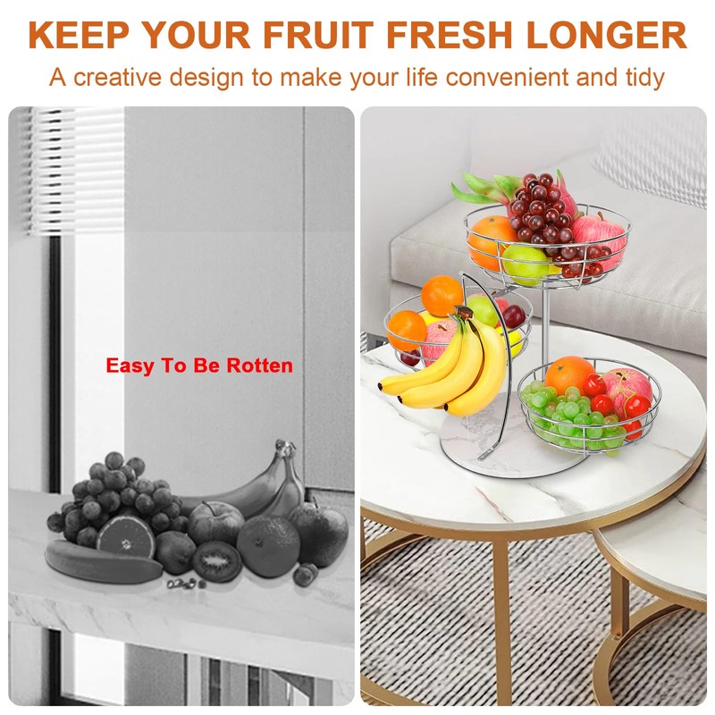 Livabber Fruit Basket Bowl with Banana Hanger, Metal Fruit Vegetable