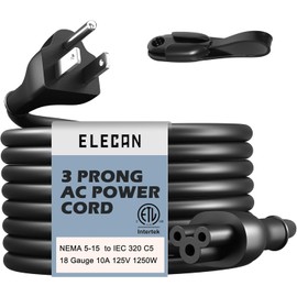 Elecan Mickey Mouse Replacement Laptop Power Cord 15 Ft, Seamless 5-15P to IEC 320 C5 3-Prong Universal AC Printer Cable for PC Notebook Charger Dell HP LG TV Monitor, 18AWG 125V, ETL+ Organizer
