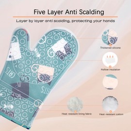 YOMOE Oven Mitts, Heat Resistant Silicone Cat Oven Mitts 2Pcs Kitchen with Non-Slip Silicone Stripe and Soft Cotton Printing Lining Long Oven Gloves for Cooking, BBQ, Baking-Blue