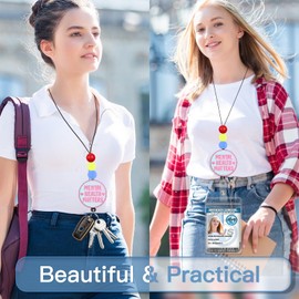 TONJOY Teacher Lanyards for Id Badges Reel - Retractable Keys Holder Cute Mental Health Matters Beaded Card Keychain for Women Student Work School Office