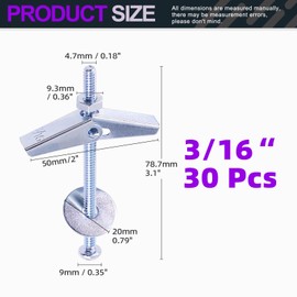 Swpeet 120Pcs 30 Set 3/16 Inch Toggle Bolts and Wing Nut Kit with Hex Nuts, Washers, Toggle Bolt Assortment Kit, Butterfly Toggle Anchors for Hanging Heavy Items on Drywall