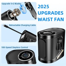 WISFISSH 2025 Upgrade Waist Clip Fan Built-in Retractable Charge Cable,100-Speed Stepless Control 10600RPM Strong Airflow,6000mAh Personal Body Fan with LED Light for Camping, Jobsite,Fishing-Black
