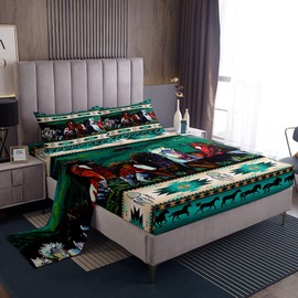 Erosebridal Green Horses Sheet Set Southwestern Native Aztec Bed Sheets,Western Animals Fitted Sheet Ethnic Tribe Feather Bed Cover King,Bohemian Dreamcatcher Vintage Exotic Room Decor